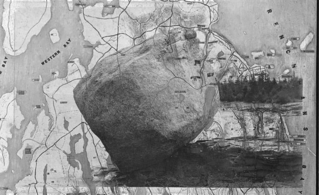 Black and white composite photo combining the map and balance rock photos. The background is the map and the foreground is the balance rock.