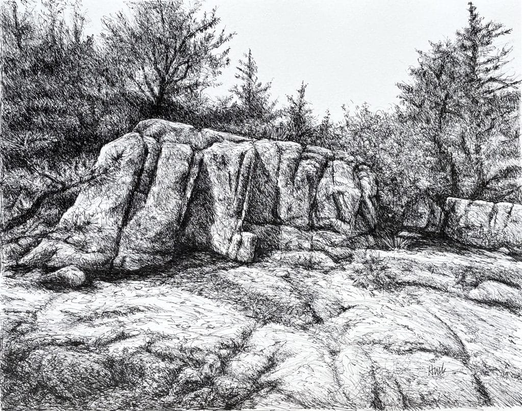 Black and white freehand sketch of Acadia National Park, featuring a rock wall and trees.