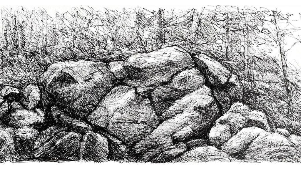 Black and white freehand sketch of Acadia National Park, featuring a rock wall and trees.