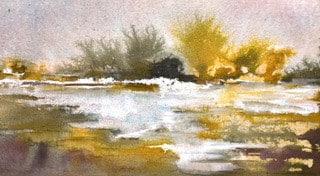 Photo of a scenery painting, with yellows, greens, and water in the foreground. The title is "Scarborough Swamp." 