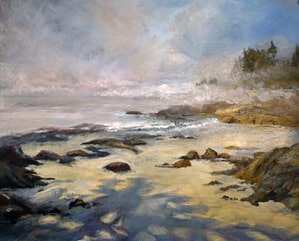 Photo of a scenery painting of a beach. The title is "Seasmoke and Rock Fingers." 