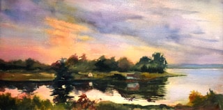 Photo of a scenery painting of the land and sea. The title is "Turkey Cove." 