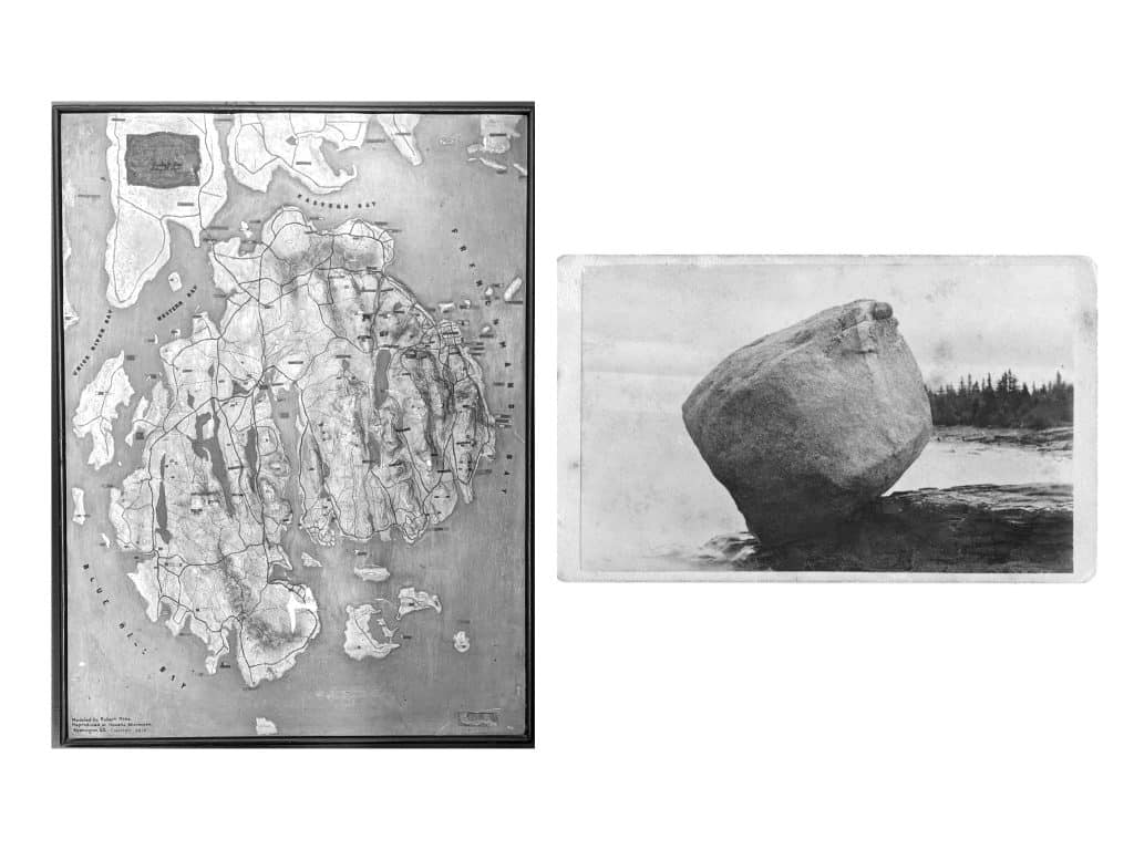 A before picture of two images before a composite; one of a black and white photo of the balance rock, one of a a black and white map of MDI.