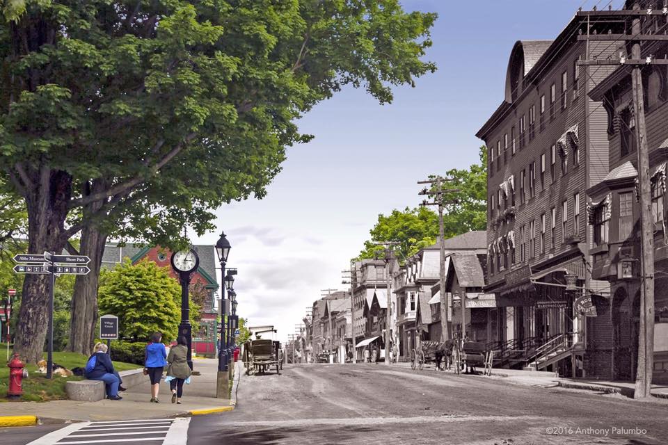 Two photos of Main Street to view current Bar Harbor on the left, and a black and white overlay on the right, of old Bar Harbor, to compare the passage of time on Main Street. 